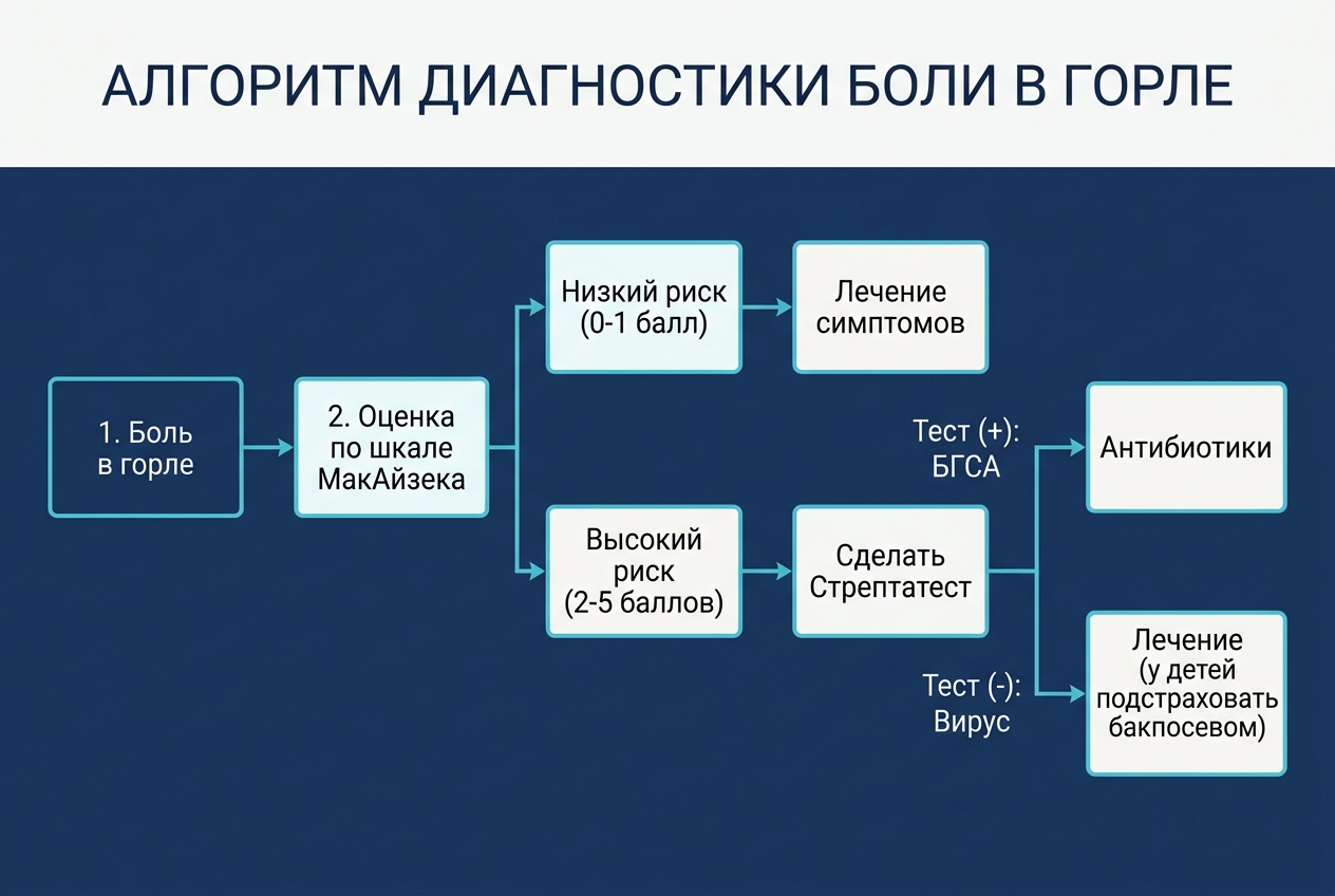 Алгоритм действий при боли в горле: оценка по шкале МакАйзека и применение Стрептатеста — инфографика